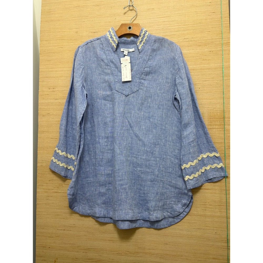 Chico's Blue‎ Linen Tunic Top Embellished Collar Bell Sleeve Size 0 US 4